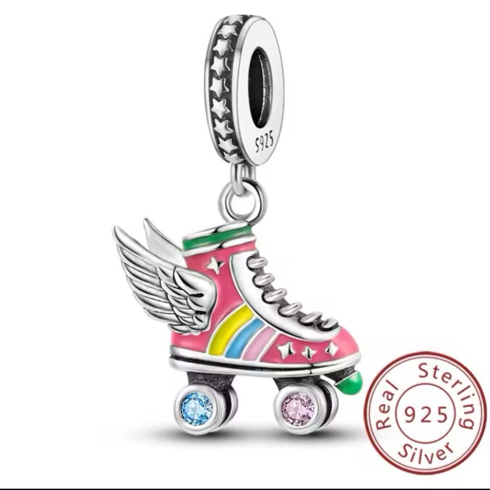 925 Sterling Silver Colorful Roller Skate Charm Pendant with Wings - Picture 14 of 14